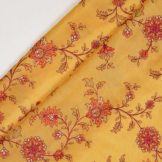 Kriti Mustard Dola Silk Embroidered Fabric in Jaal Pattern