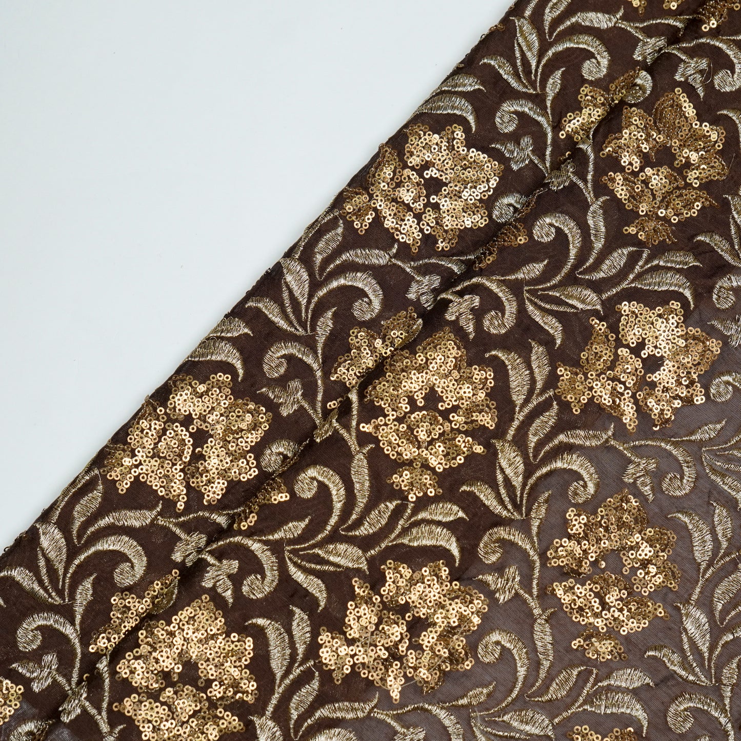 Mishal Coffee Brown Chanderi Embroidered Fabric in Jaal Pattern