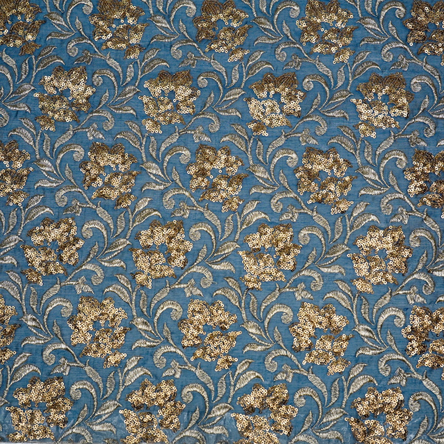 Mishal Persian Blue Chanderi Embroidered Fabric in Jaal Pattern