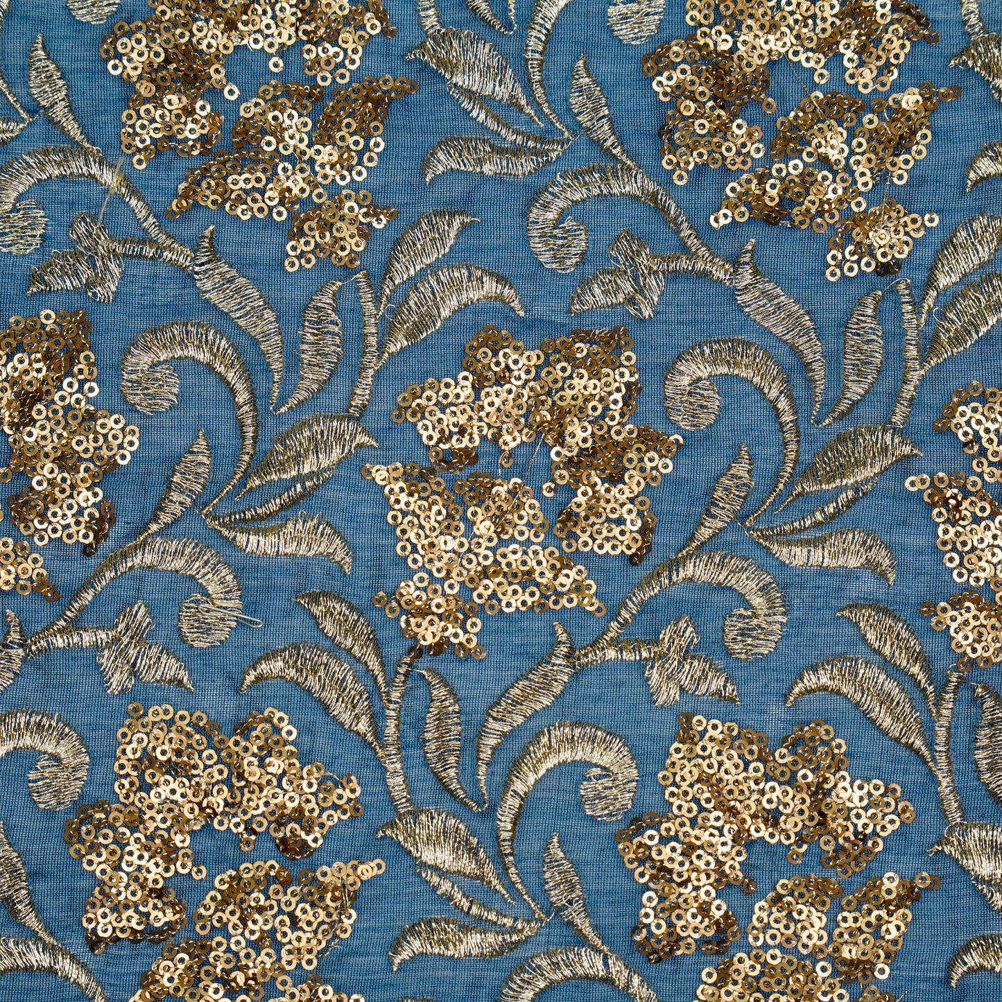 Mishal Persian Blue Chanderi Embroidered Fabric in Jaal Pattern