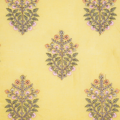 Zaira Lemon Chanderi Embroidered Fabric in Buta Pattern
