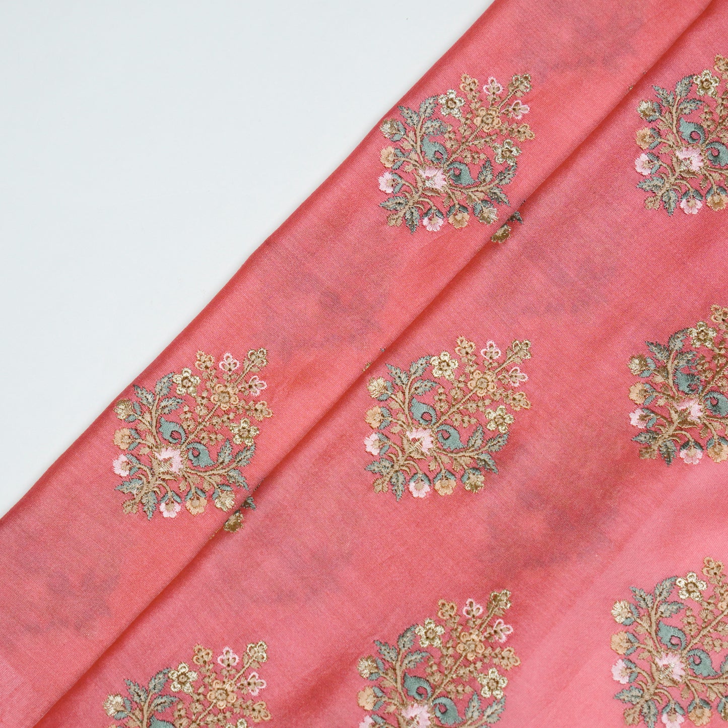 Zaira Tomato Chanderi Embroidered Fabric in Buta Pattern