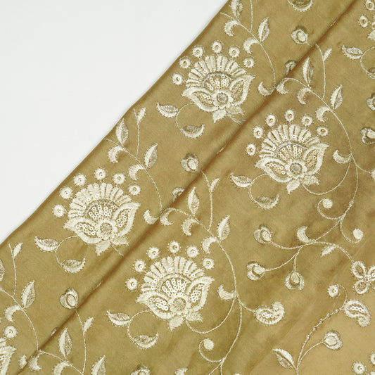 Aatiya Beige Chanderi Embroidered Fabric in Jaal Pattern