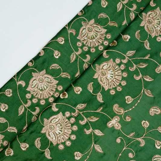 Aatiya Bottle Green Chanderi Embroidered Fabric in Jaal Pattern