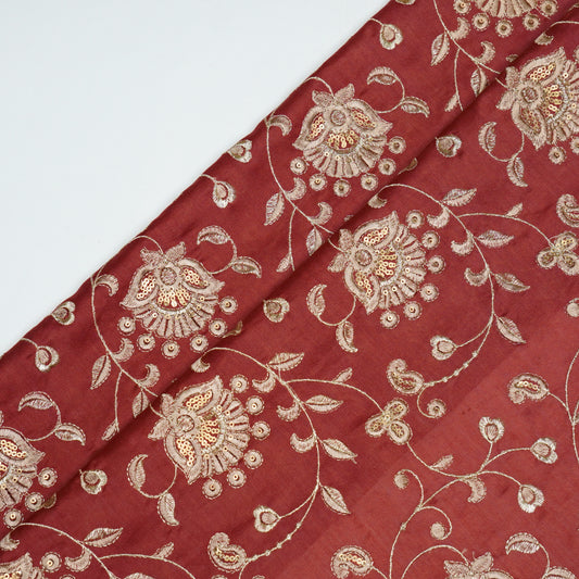 Aatiya Maroon  Chanderi Embroidered Fabric in Jaal Pattern