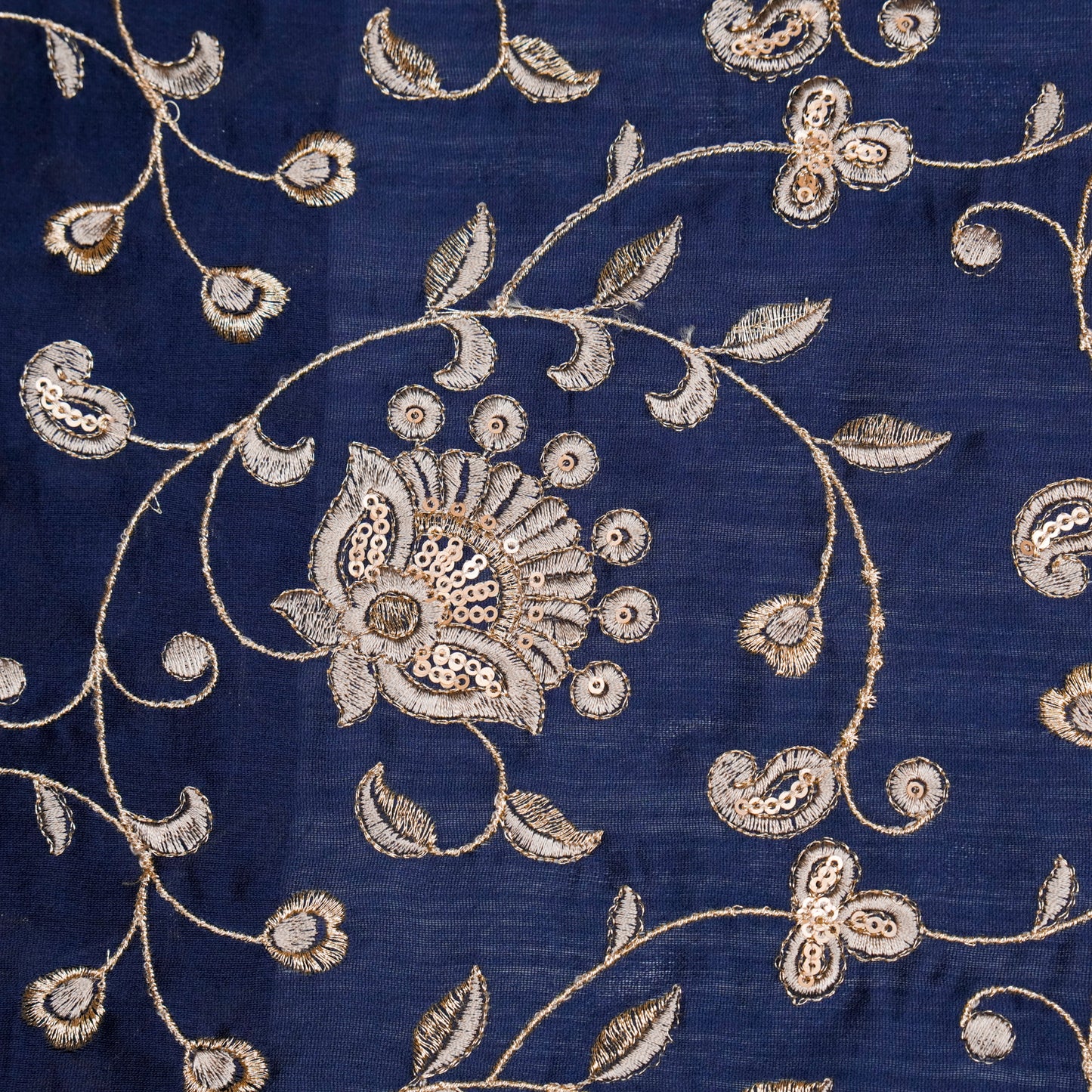 Aatiya Navy Blue Chanderi Embroidered Fabric in Jaal Pattern