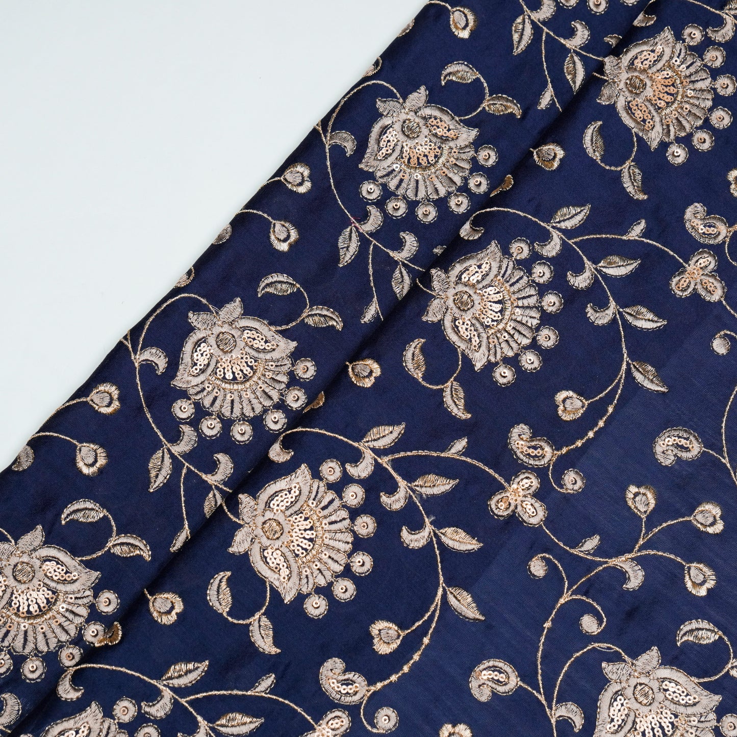 Aatiya Navy Blue Chanderi Embroidered Fabric in Jaal Pattern