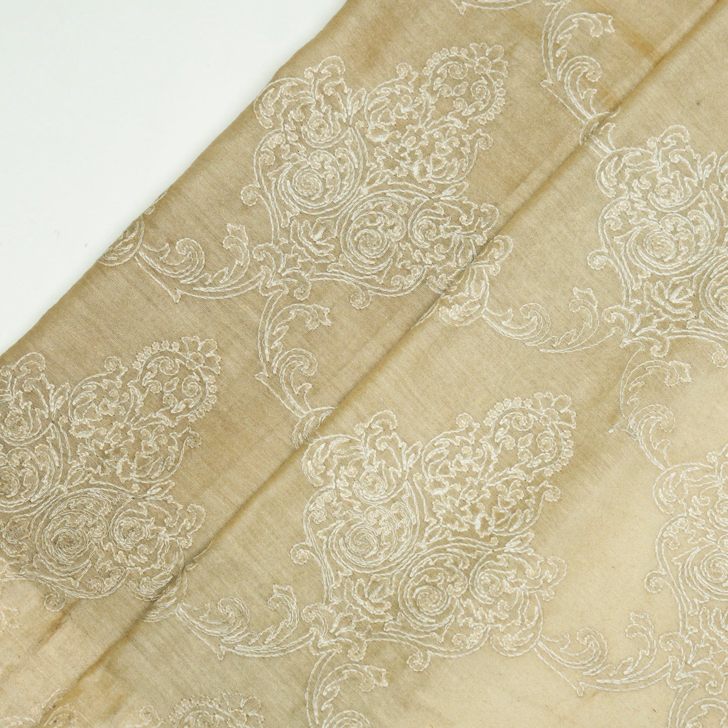 Aleeza Beige Chanderi Embroidered Fabric in Jaal Pattern