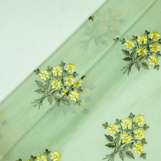 Urwa Sea Green Mul Chanderi Embroidered Fabric in Buta Pattern