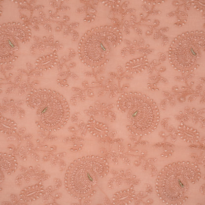 Ekani Deep Peach Viscose Georgette Embroidered Fabric in Jaal Pattern