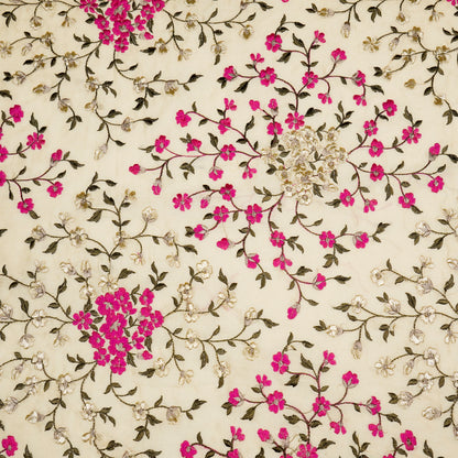 Anabia Cream/Fuxia Chanderi Embroidered Fabric in Jaal Pattern