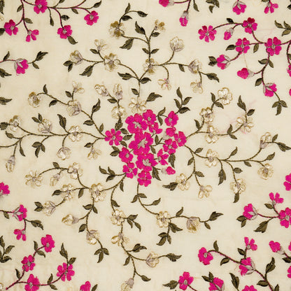 Anabia Cream/Fuxia Chanderi Embroidered Fabric in Jaal Pattern