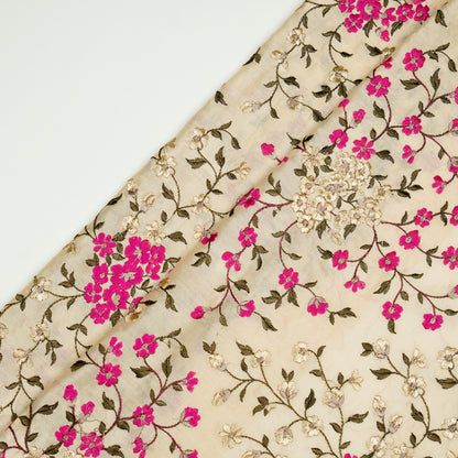 Anabia Cream/Fuxia Chanderi Embroidered Fabric in Jaal Pattern