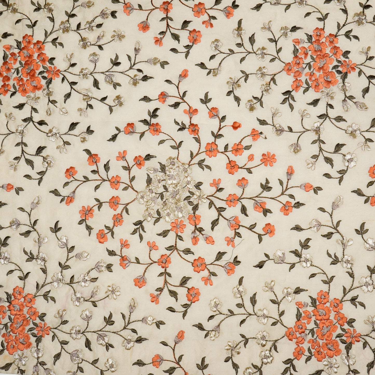 Anabia Cream/Rust Chanderi Embroidered Fabric in Jaal Pattern