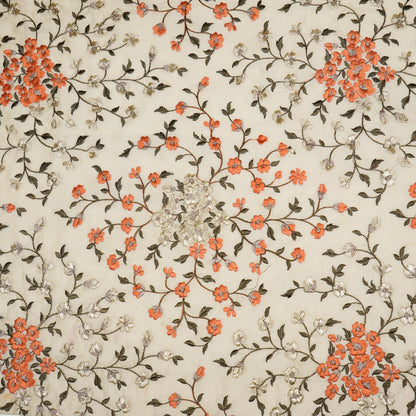 Anabia Cream/Rust Chanderi Embroidered Fabric in Jaal Pattern