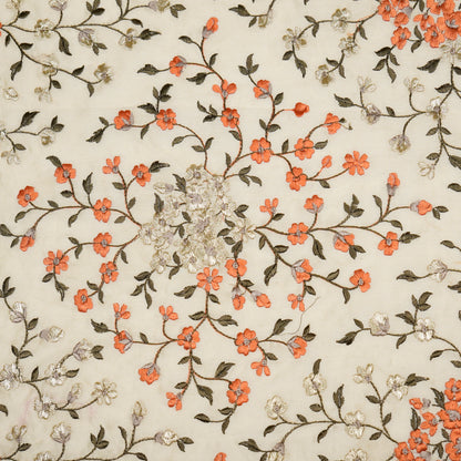 Anabia Cream/Rust Chanderi Embroidered Fabric in Jaal Pattern