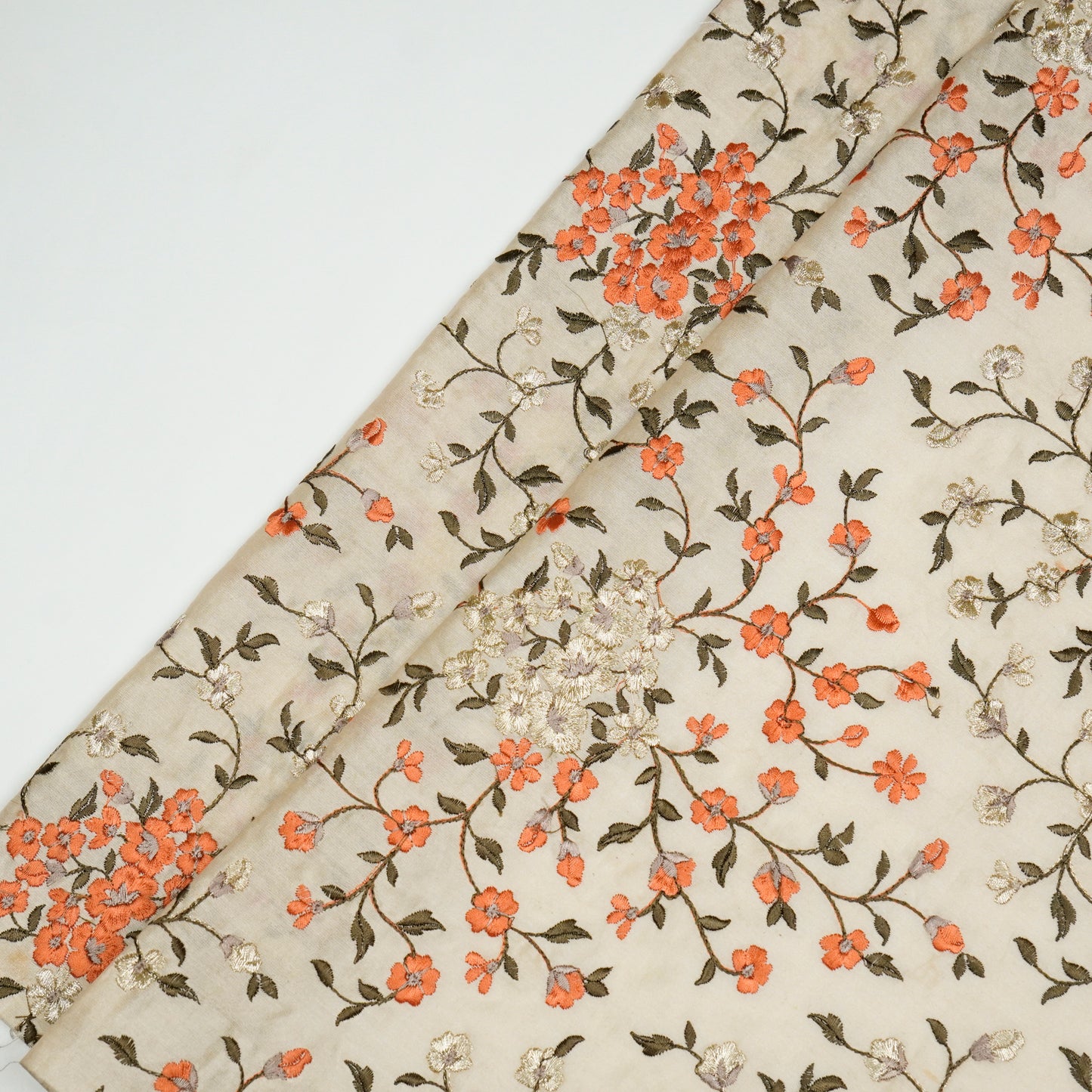 Anabia Cream/Rust Chanderi Embroidered Fabric in Jaal Pattern