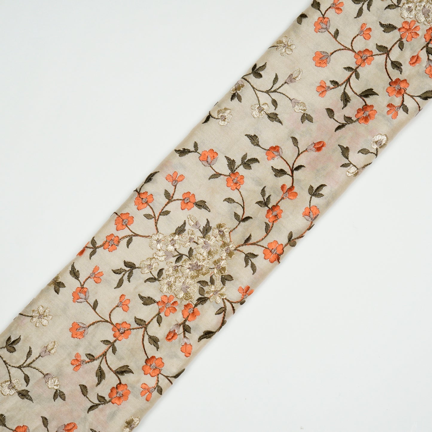 Anabia Cream/Rust Chanderi Embroidered Fabric in Jaal Pattern