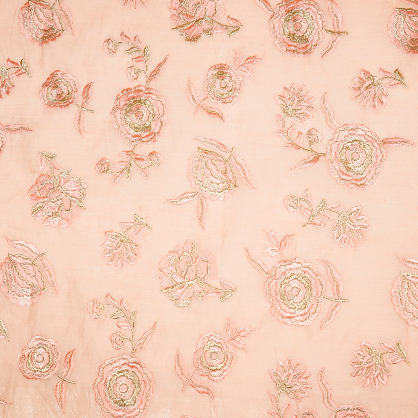 Ayat Light Peach Viscose Georgette Embroidered Fabric in Buta Pattern