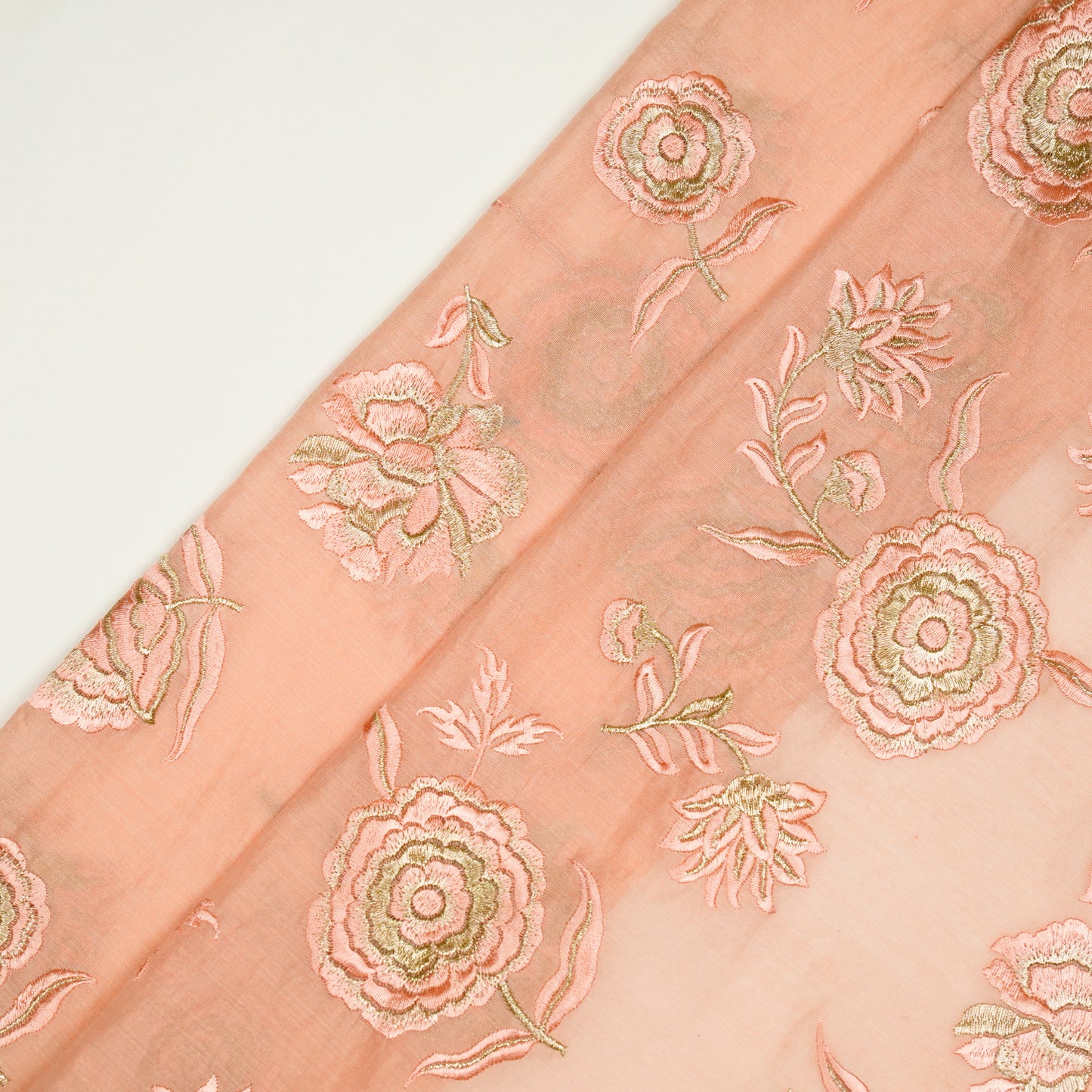 Ayat Light Peach Viscose Georgette Embroidered Fabric in Buta Pattern