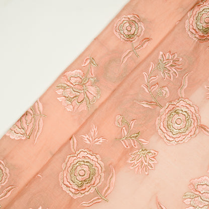 Ayat Light Peach Viscose Georgette Embroidered Fabric in Buta Pattern