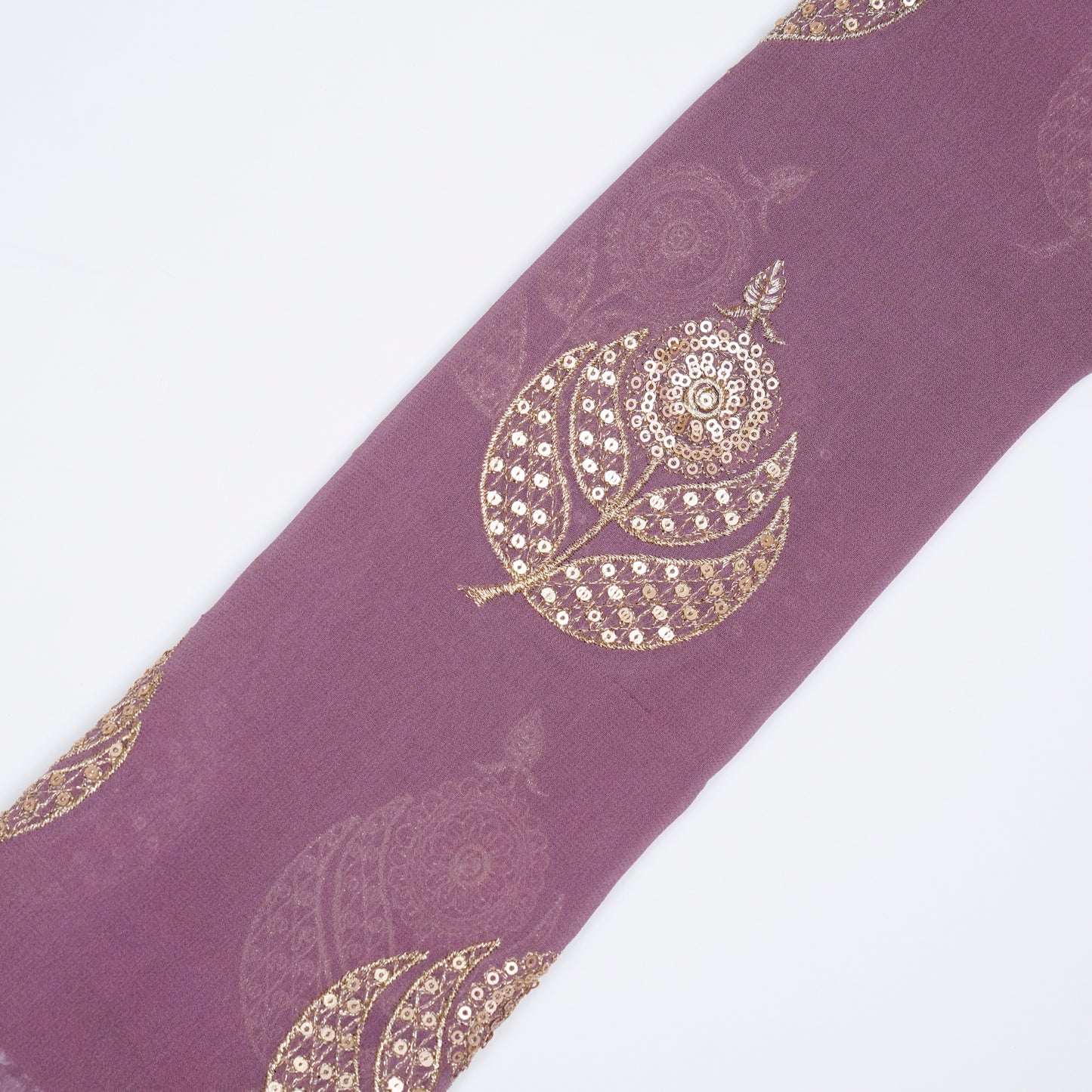 Sara Deep Mauve Viscose Georgette Embroidered Fabric in Buta Pattern