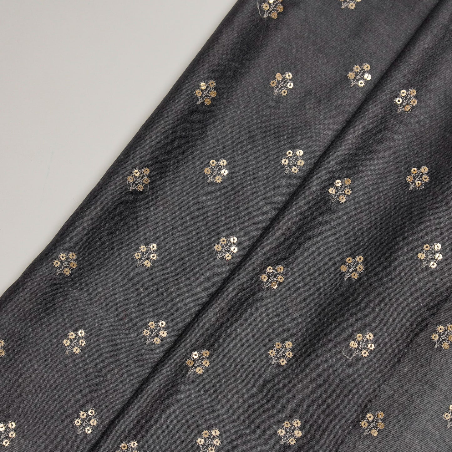 Kiraz Sequin Charcoal Chanderi Embroidered Fabric in Buti Pattern