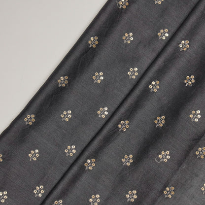 Kiraz Sequin Charcoal Chanderi Embroidered Fabric in Buti Pattern