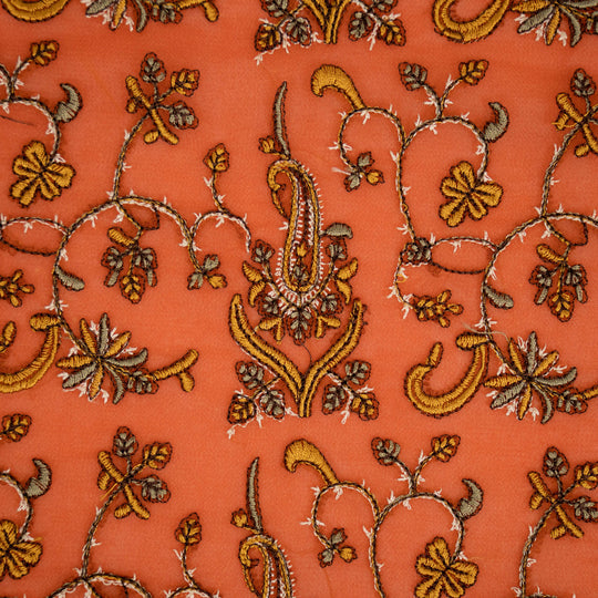 Beena Rust Viscose Georgette Embroidered Fabric in Jaal Pattern