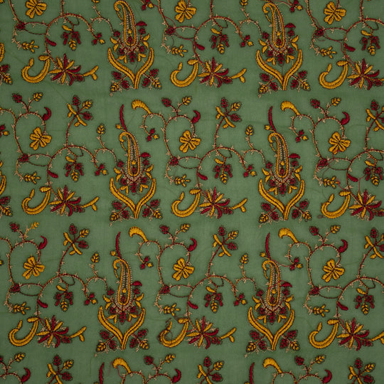 Beena  Leaf Green Viscose Georgette Embroidered Fabric in Jaal Pattern