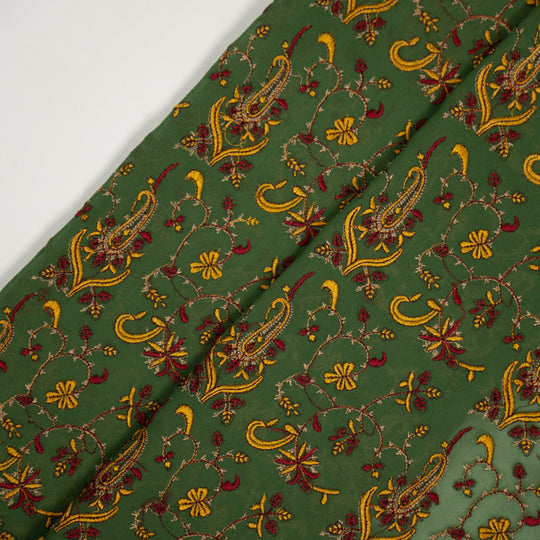 Beena  Leaf Green Viscose Georgette Embroidered Fabric in Jaal Pattern