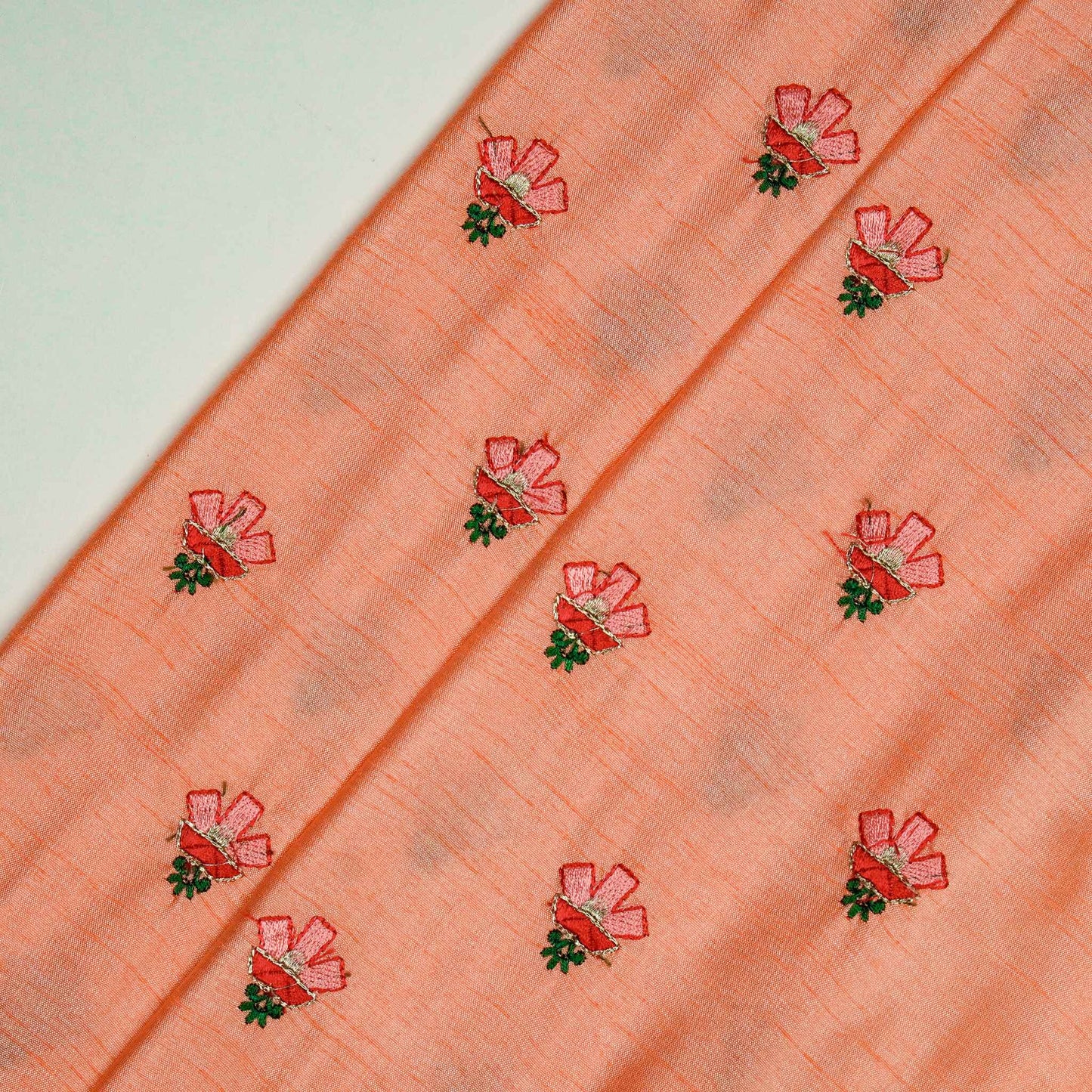 Trifla Light Peach Dola Silk Embroidered Fabric in Buti