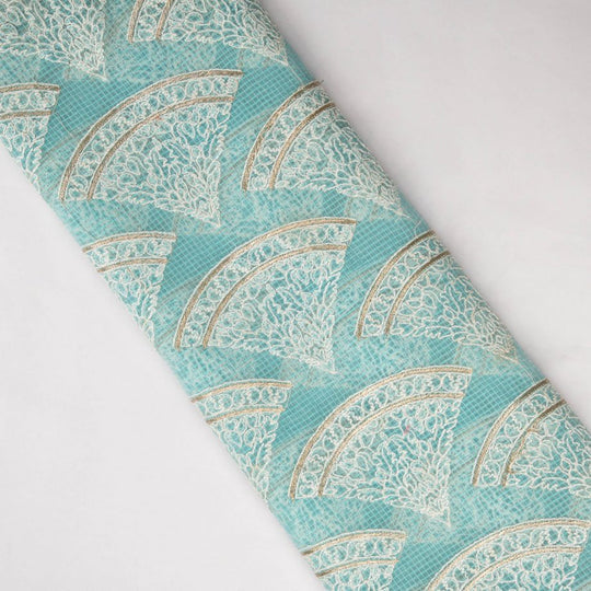 Wamika Turquoise Semi Munga Kota Embroidered Fabric in Buta Pattern