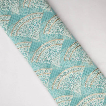 Wamika Turquoise Semi Munga Kota Embroidered Fabric in Buta Pattern